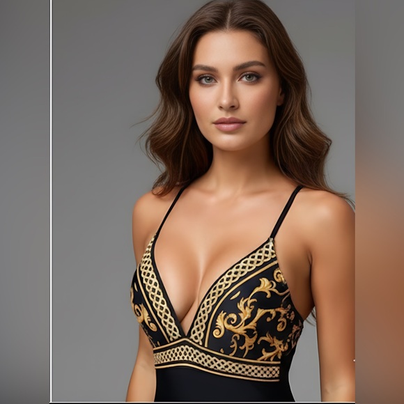 One-Piece Swimsuit Bathing Suit With Wrap Gold/Black - Picture 7 of 8